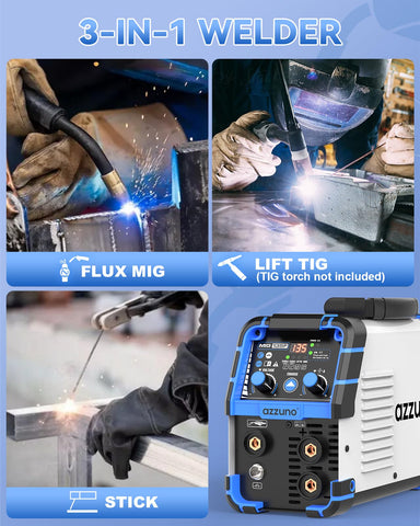 AZZUNO MIG Welder 3-in-1 setup for Flux Core, TIG, and Stick versatility.