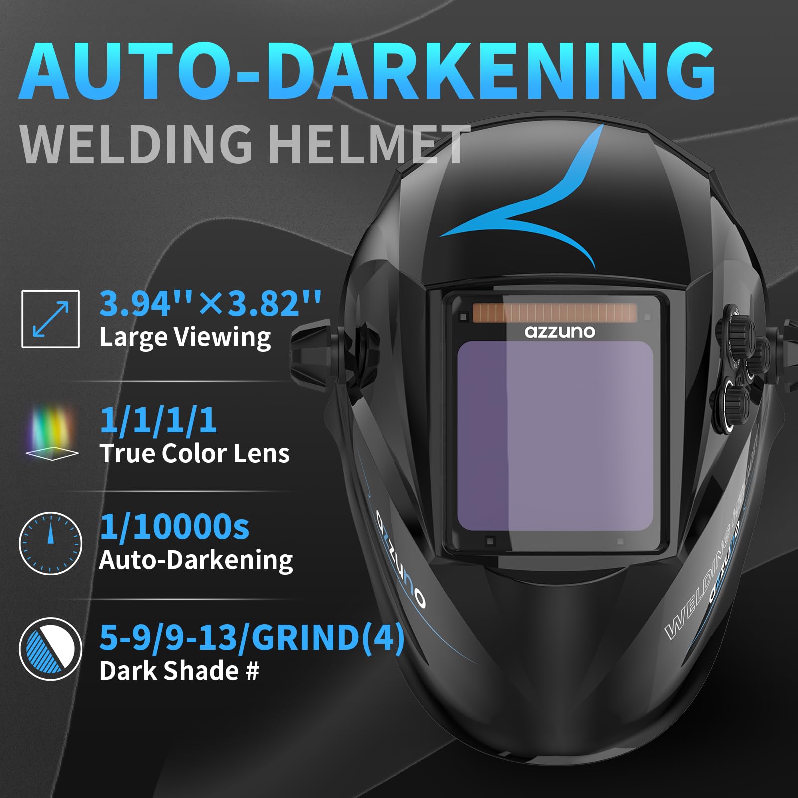 AZZUNO welding helmet auto-darkening with four sensors provides quick eye protection.