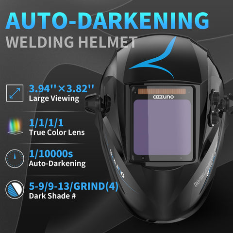 AZZUNO welding helmet auto-darkening with four sensors provides quick eye protection.