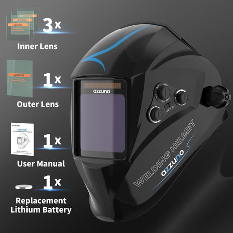 AZZUNO helmet kit includes battery and replacement lenses for easy maintenance.