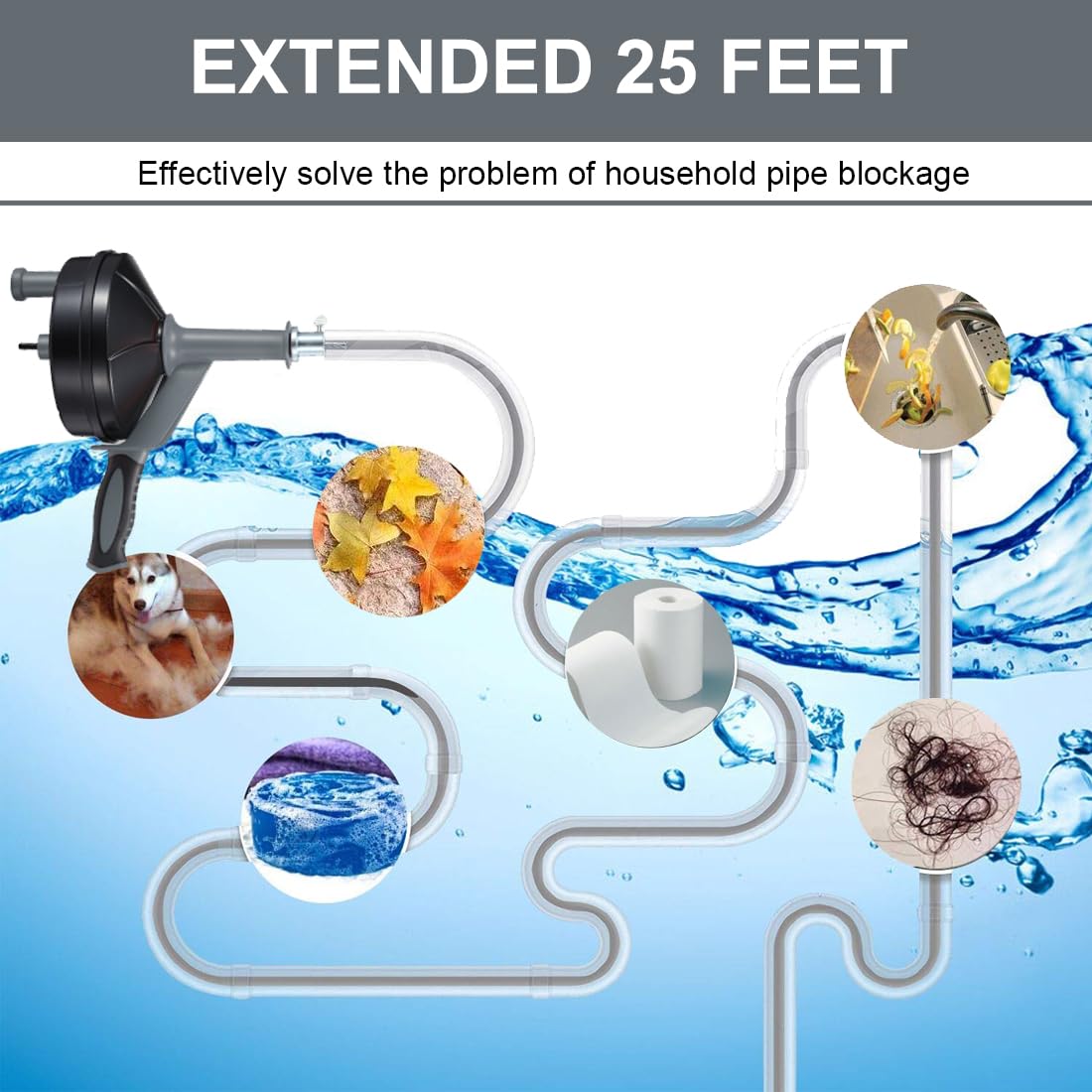 BACEYIOU drain auger 72A steel cable clears stubborn blockages.