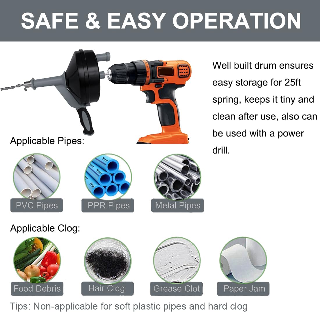 BACEYIOU drain auger compatible with kitchen, bathroom, and shower drains.