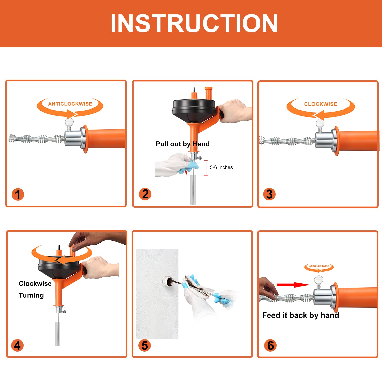 BACEYIOU drain auger 72A Mn-steel cable resists wear on tough clogs.