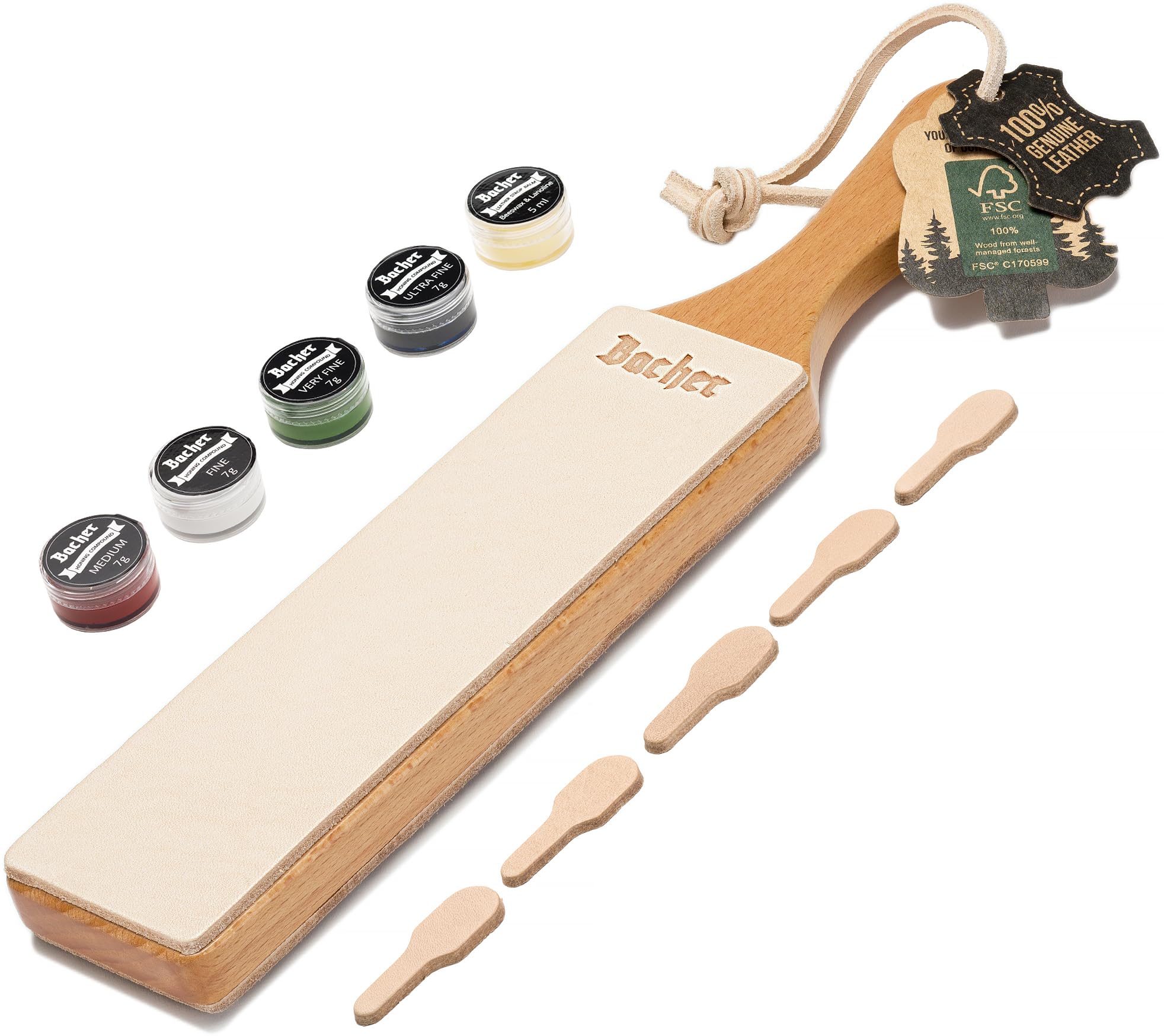 Bacher premium leather strop for knife sharpening on a workbench maintains a razor-sharp edge