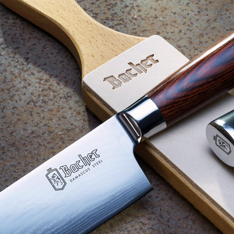 Bacher strop showing rough side use with green compound for aggressive prep