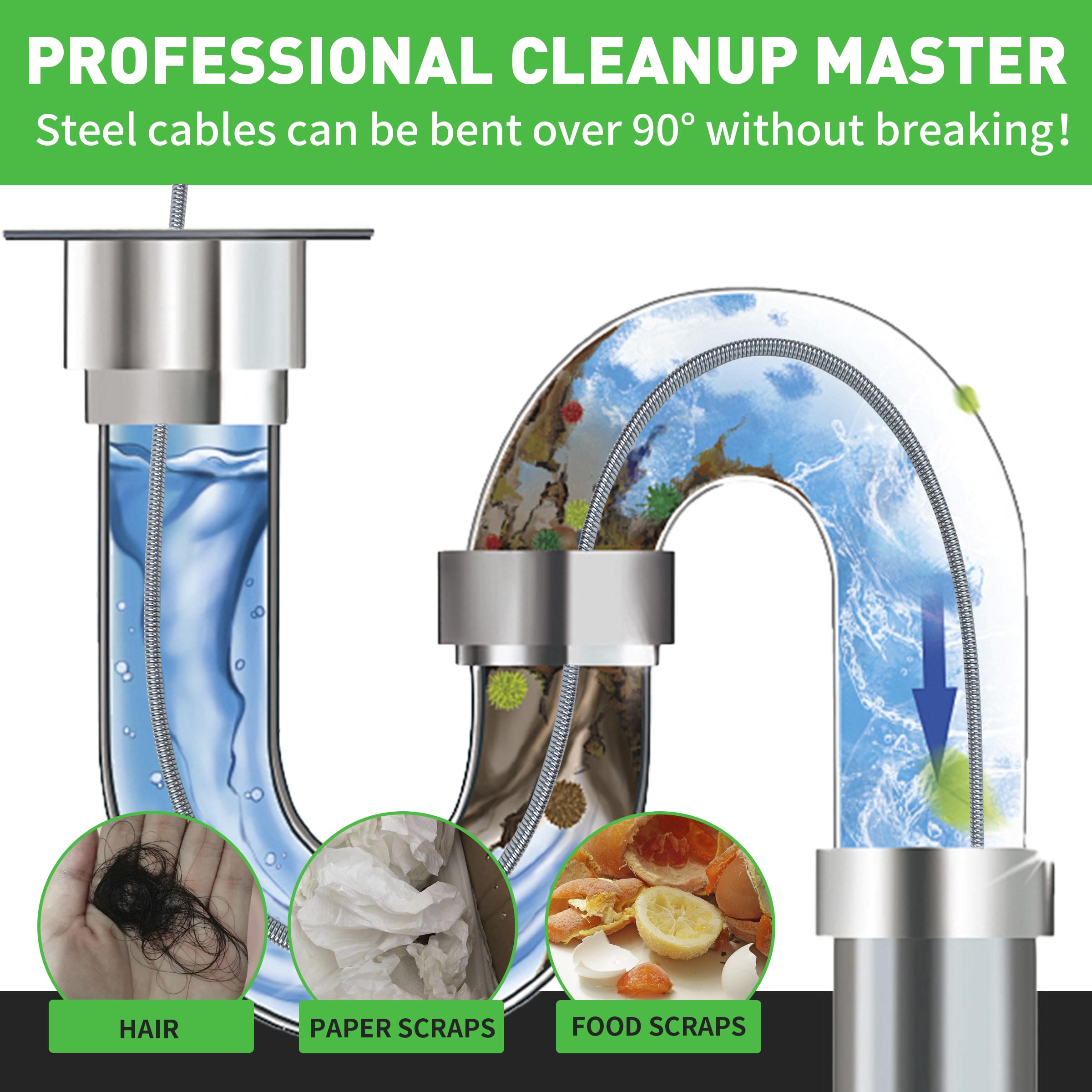 BACOENG drain auger in manual use for precise clog clearing and hair removal.