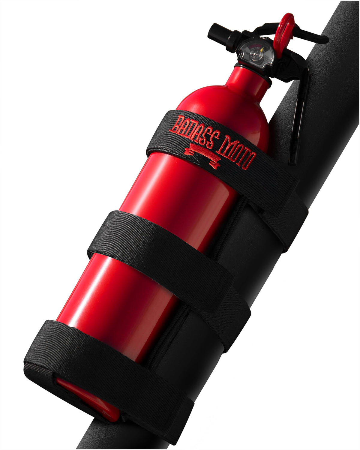 Badass Moto fire extinguisher mount on jeep roll bar for quick access