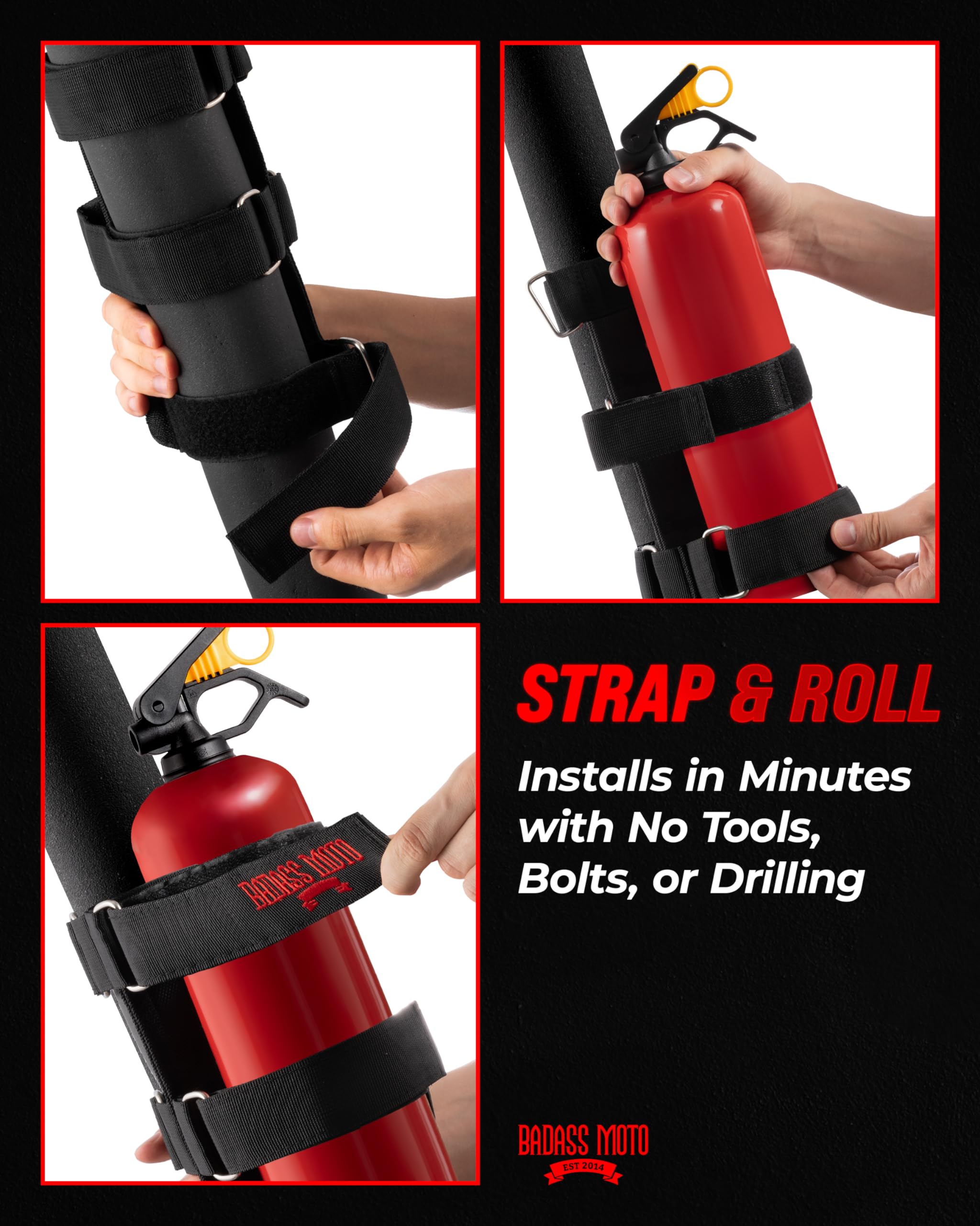 Offroad fire extinguisher holder secured to roll bar