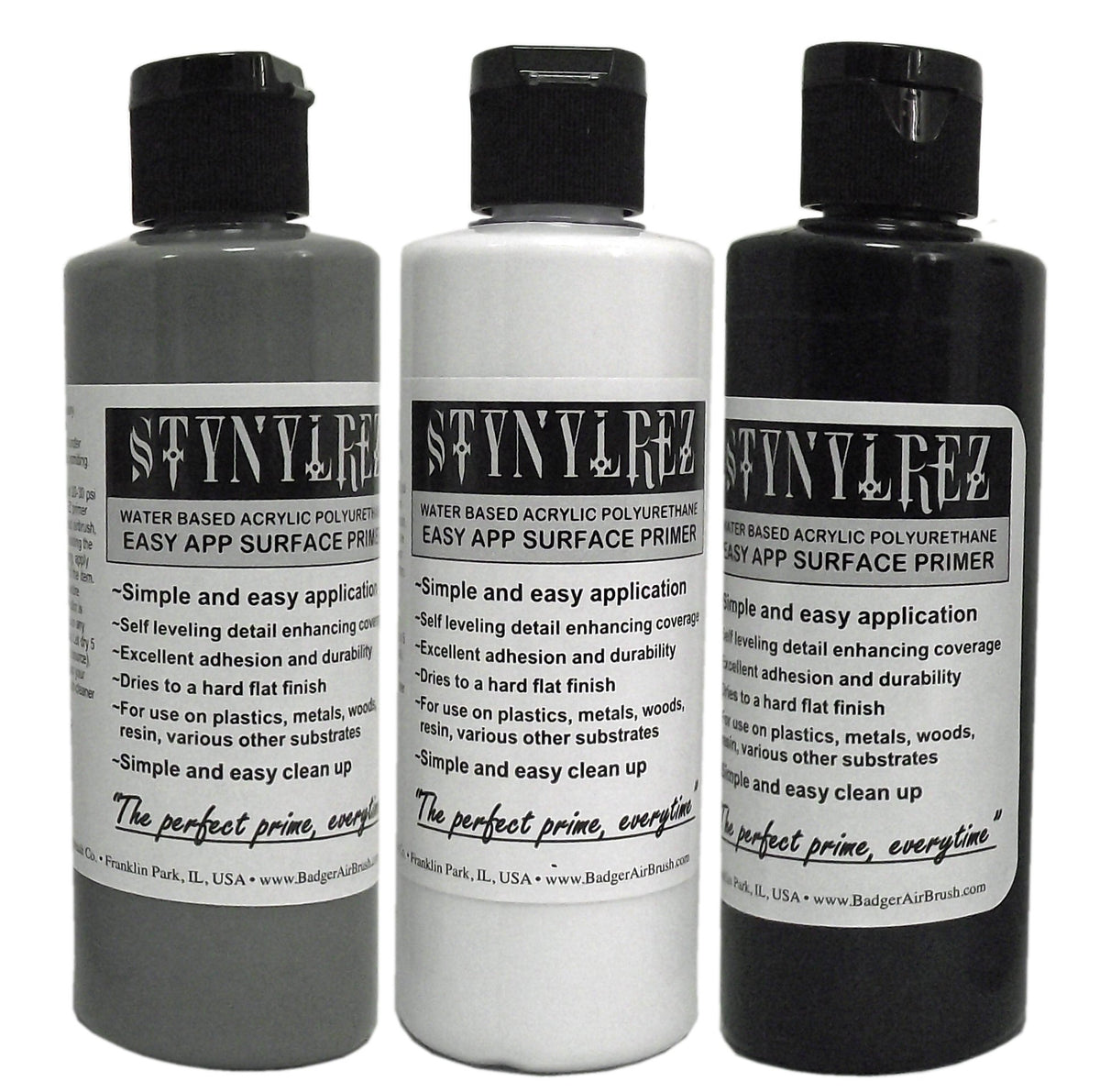 Badger SNR-410 Stynylrez primer in white gray black for versatile surface adhesion