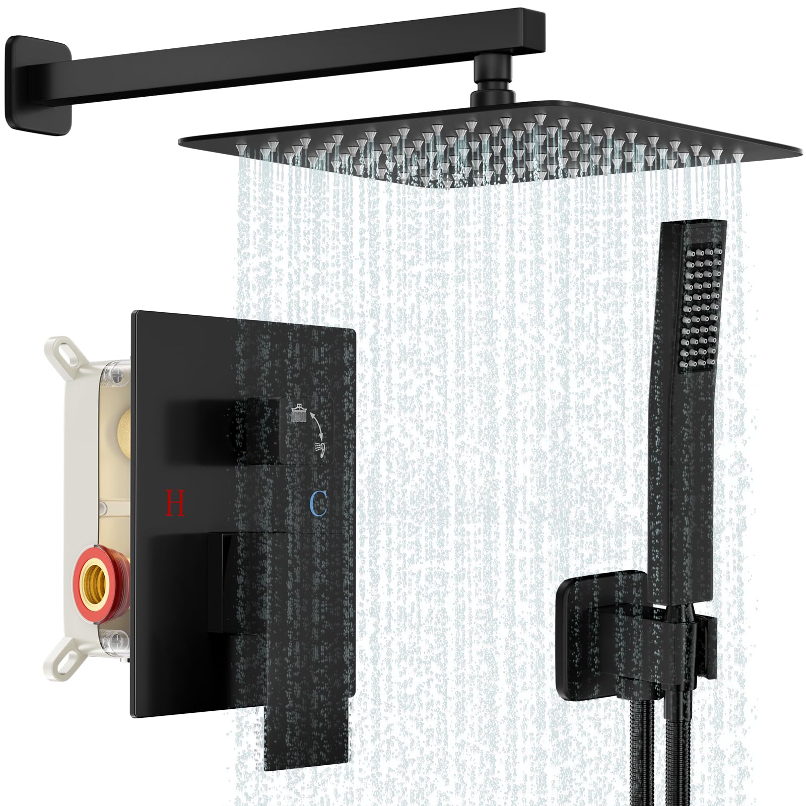 Baetuy black shower system front view with durable all-metal construction.