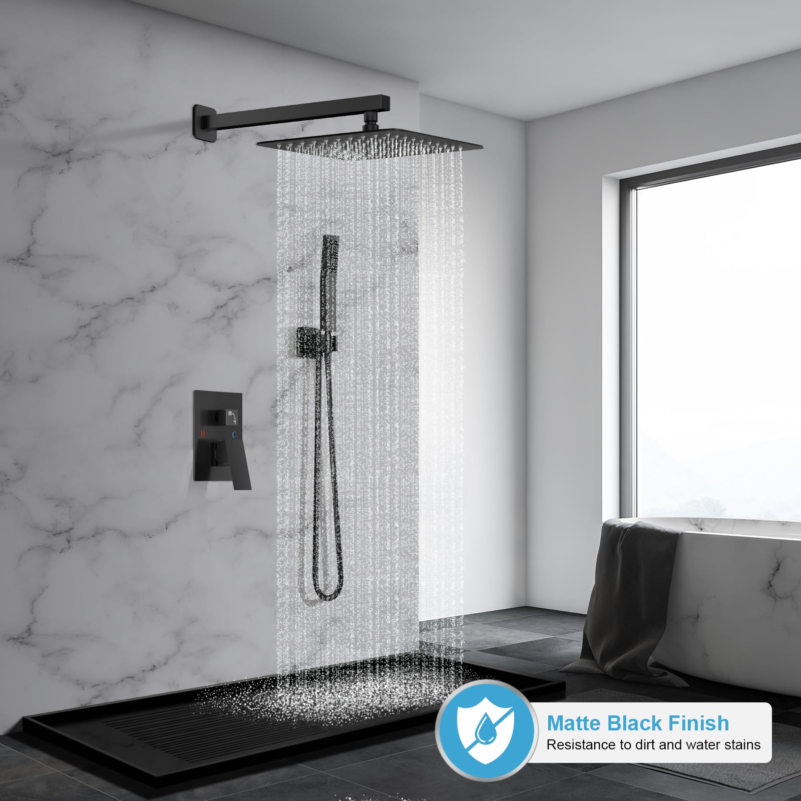 Baetuy square rain shower head close-up shows self-cleaning silicone nozzles.