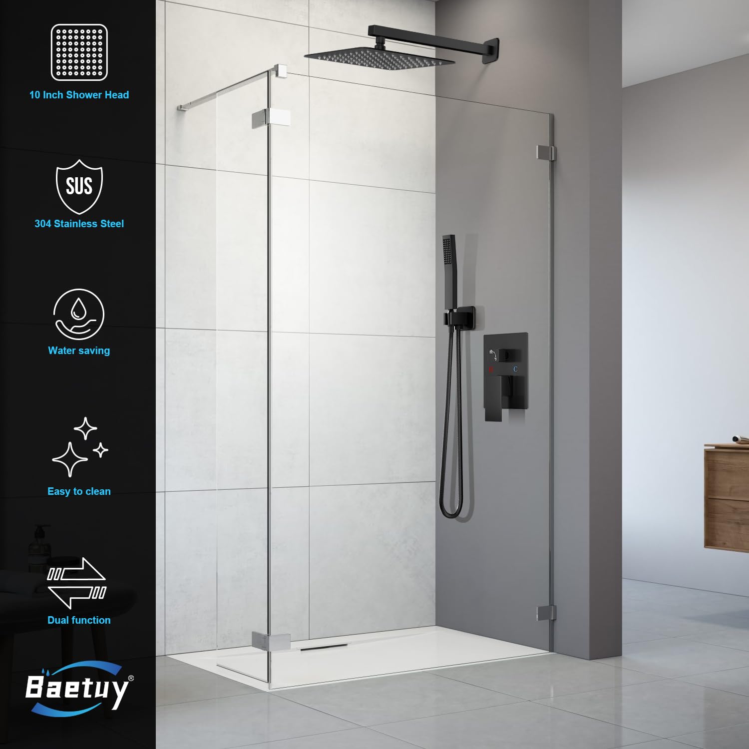 Baetuy wall-mounted fixtures in a sleek, space-saving bathroom setup.