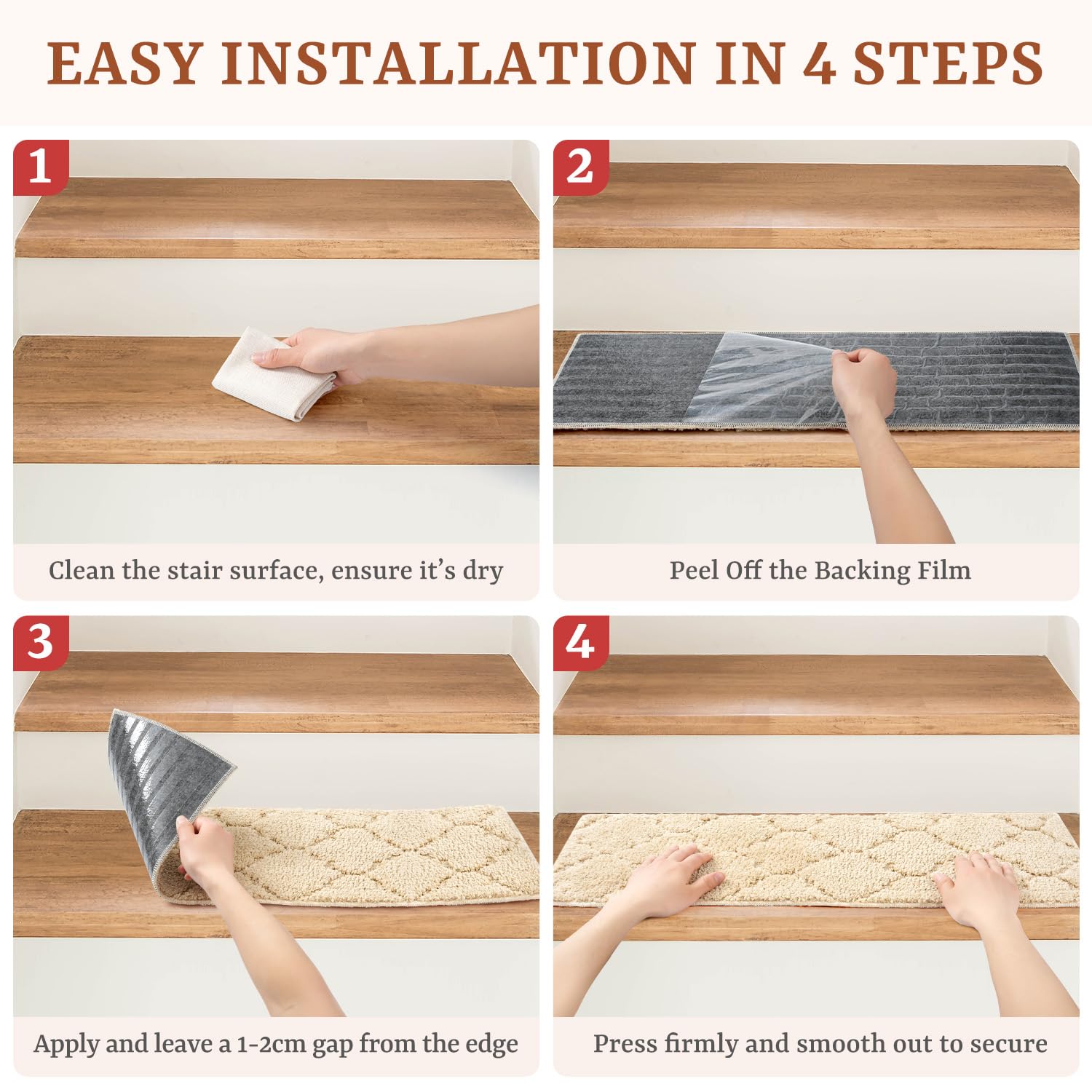 Bagail Basics machine-washable stair treads simplify cleaning and upkeep.