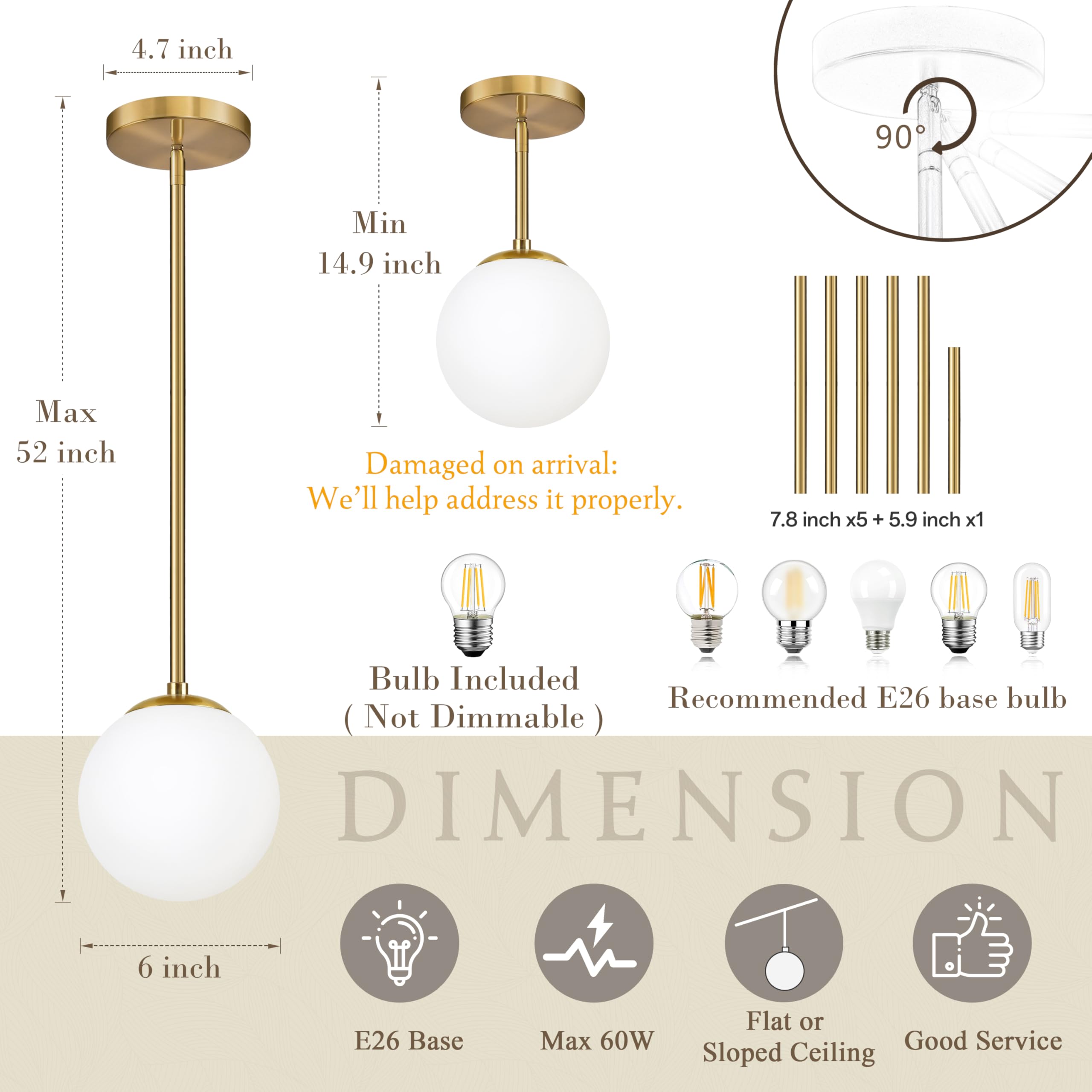 Bagood globe pendant includes G45 bulb for immediate lighting