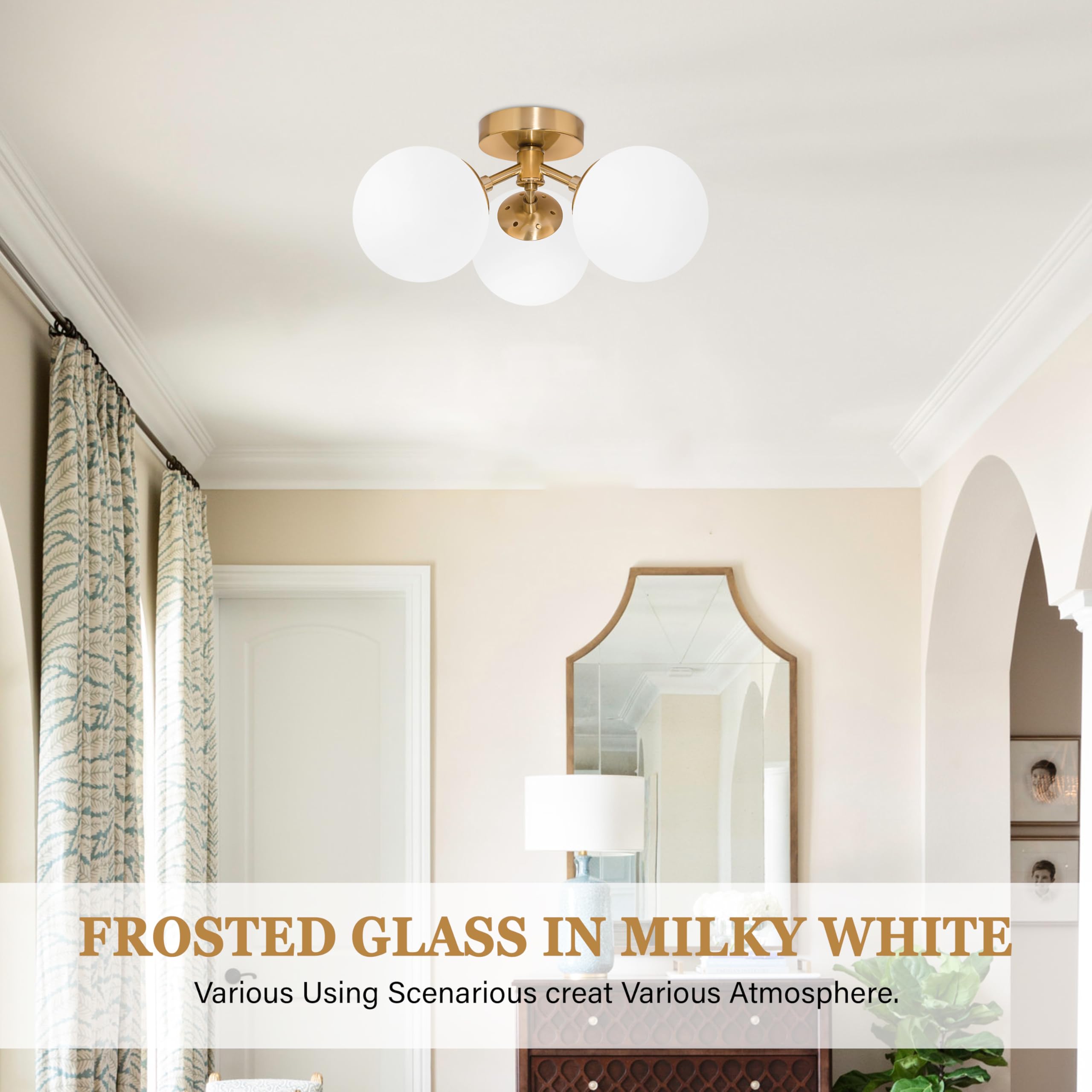 Bagood semi-flush mount brass fixture blends contemporary and retro decor.