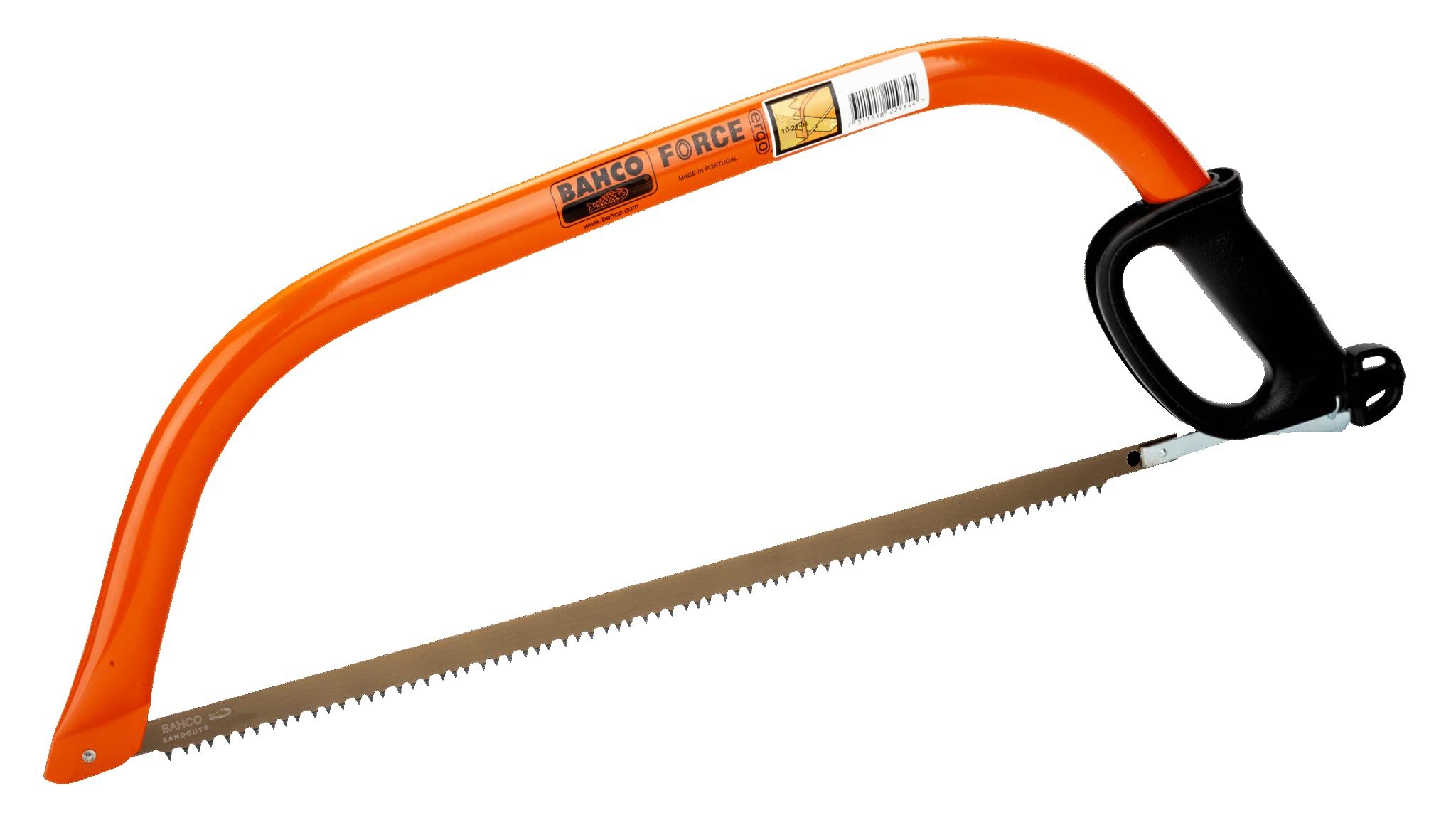 Bahco 30-inch Ergo Bow Saw frame cutting green wood with ergonomic handle for outdoor work