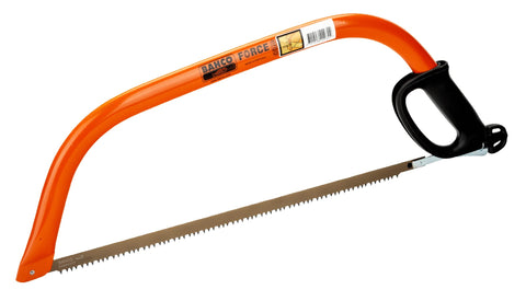 Bahco 30-inch Ergo Bow Saw frame cutting green wood with ergonomic handle for outdoor work