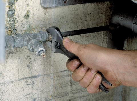 Bahco wrench head shows fastener size for quick adjustments.