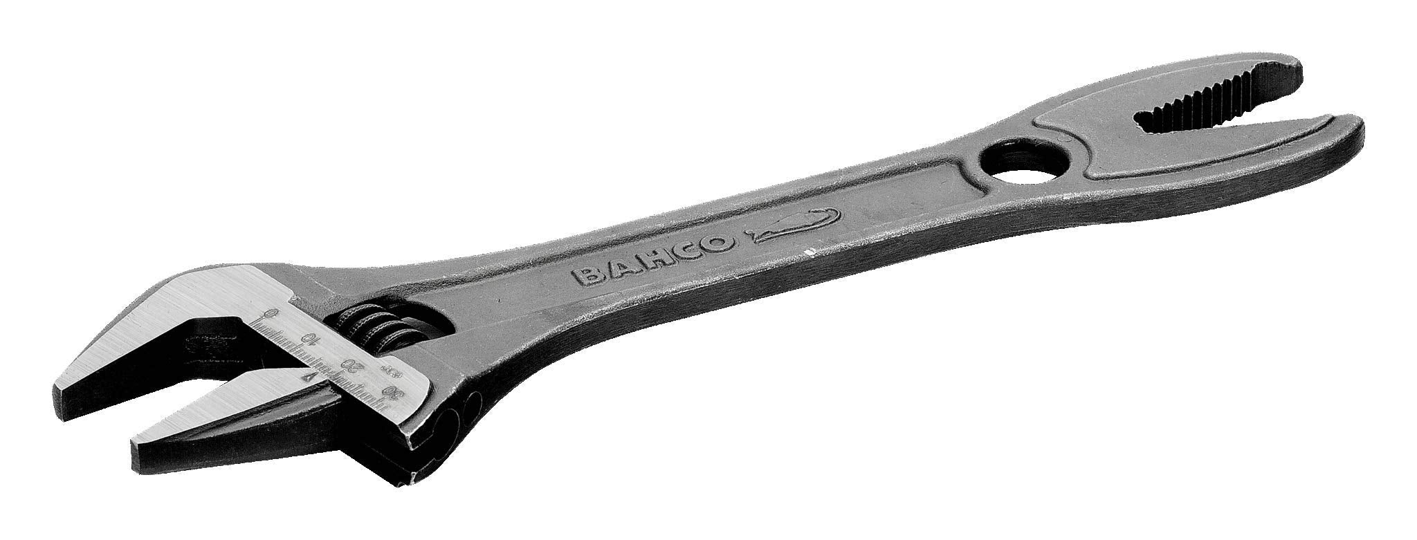 Bahco Alligator wrench V-jaw with angled teeth for secure grip on pipes.