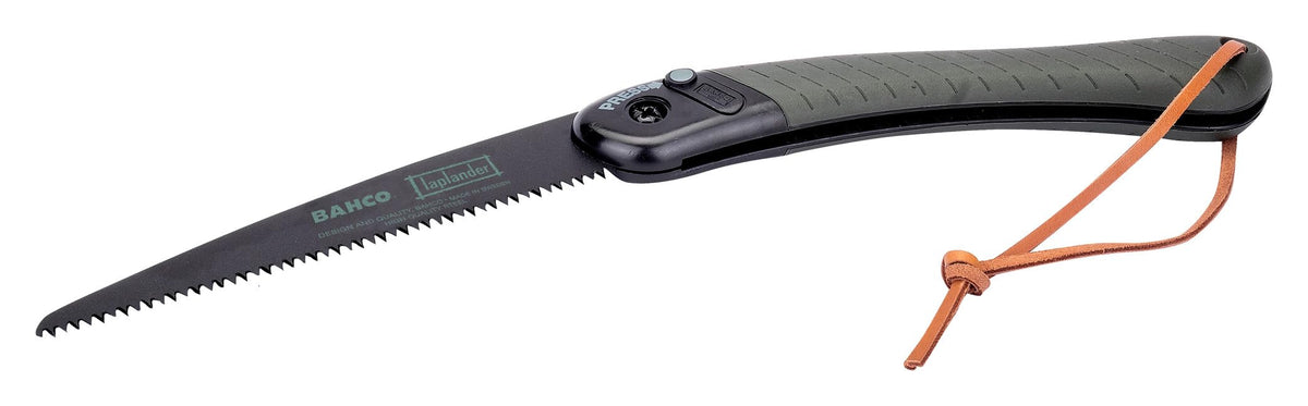 Bahco Laplander 9-inch folding saw blade close-up, highlighting rust protection for outdoor wood cutting.