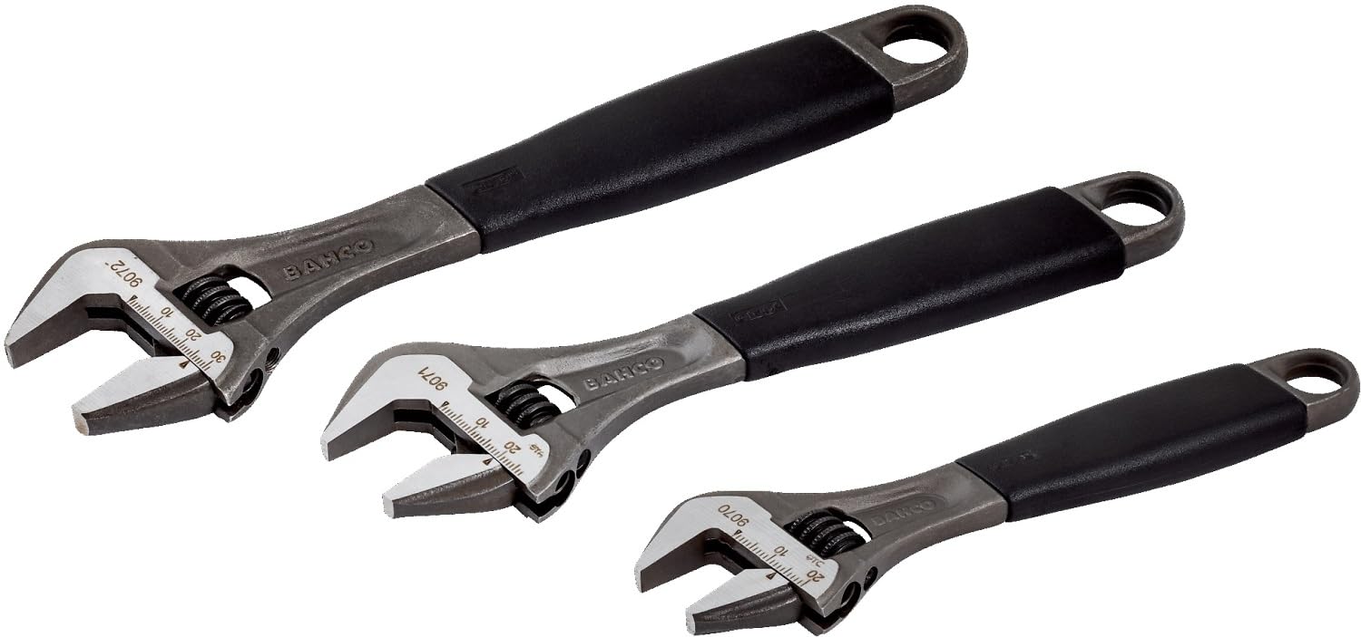 Bahco 3-piece alloy steel adjustable wrench set shown for reliable metric adjustments