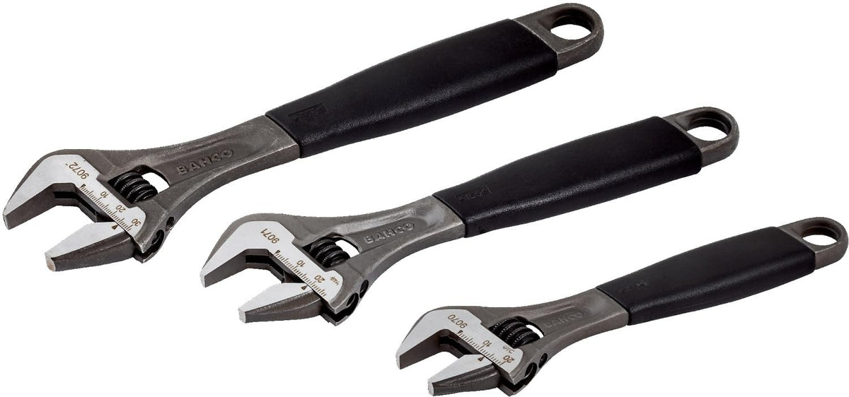 Bahco 3-piece alloy steel adjustable wrench set shown for reliable metric adjustments