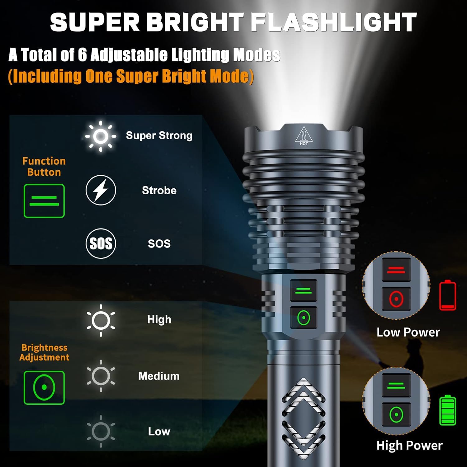 Baibian flashlight IP67 waterproof design withstands rain and dust