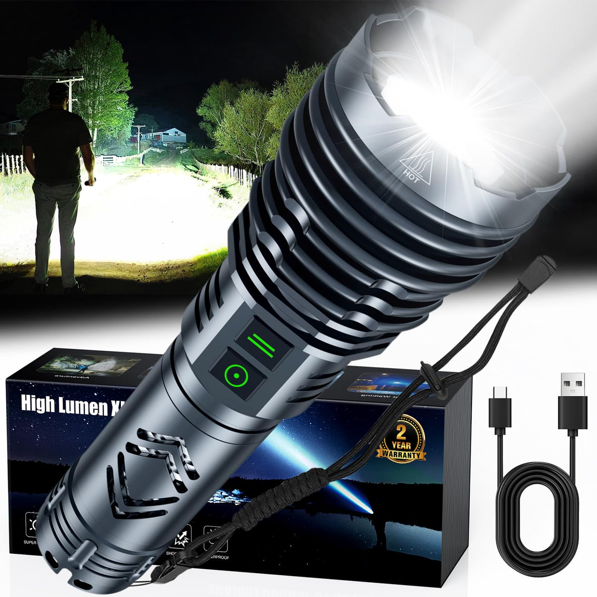Baibian rechargeable flashlight zoom beam for long-range illumination during outdoor nights