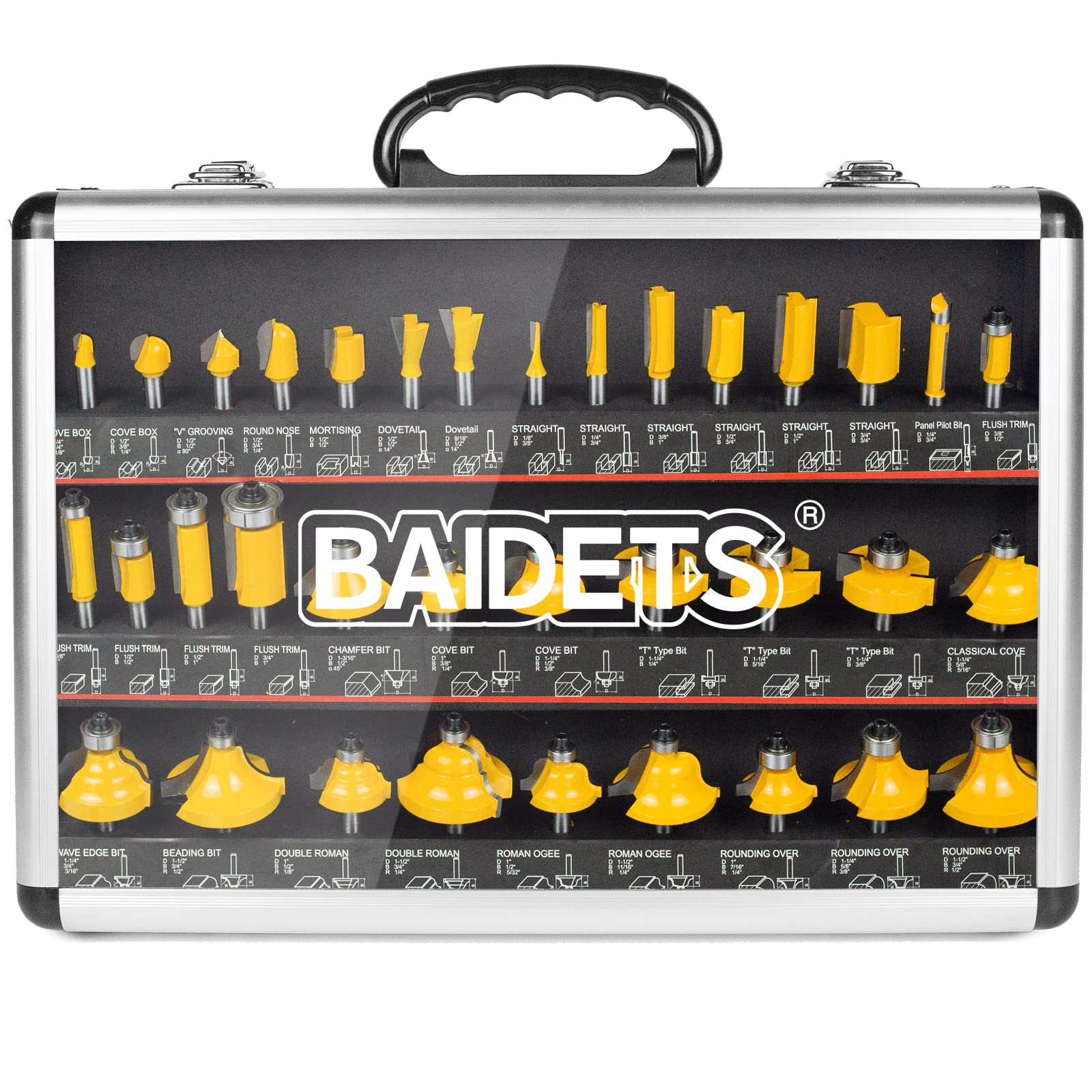 BAIDETS router bits 1/4in shank in aluminum case for easy storage.