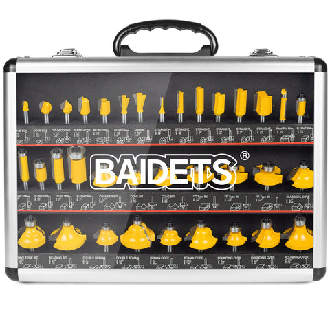 BAIDETS router bits 1/4in shank in aluminum case for easy storage.