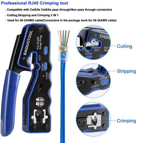 BAIDUOTOOL RJ45 crimp tool side handle for ergonomic one-handed use.