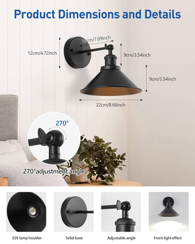 Bailoch black vintage wall sconce in living room with cordless installation.