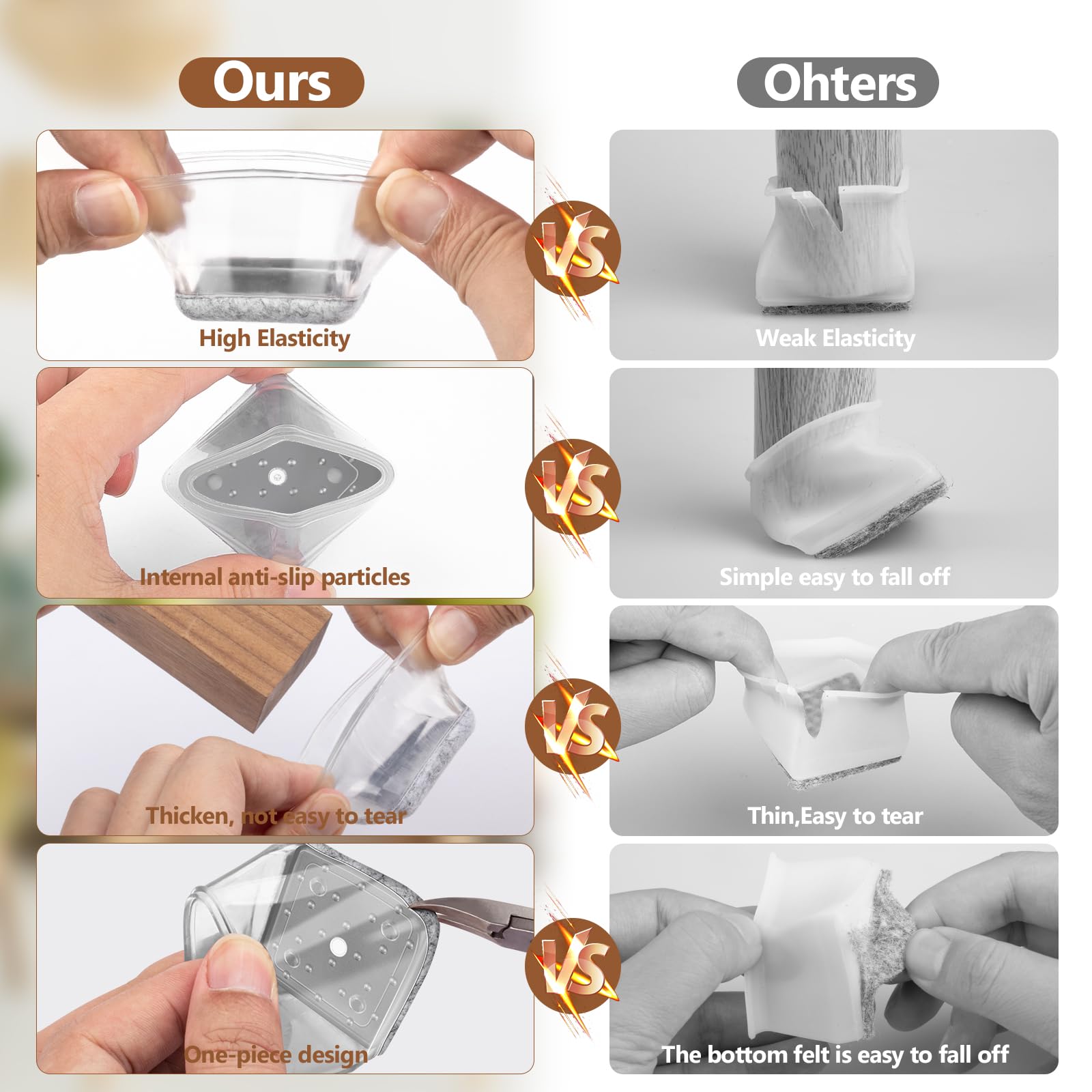BAIPOK chair leg protector with 2mm inner wall offers stronger abrasion resistance.
