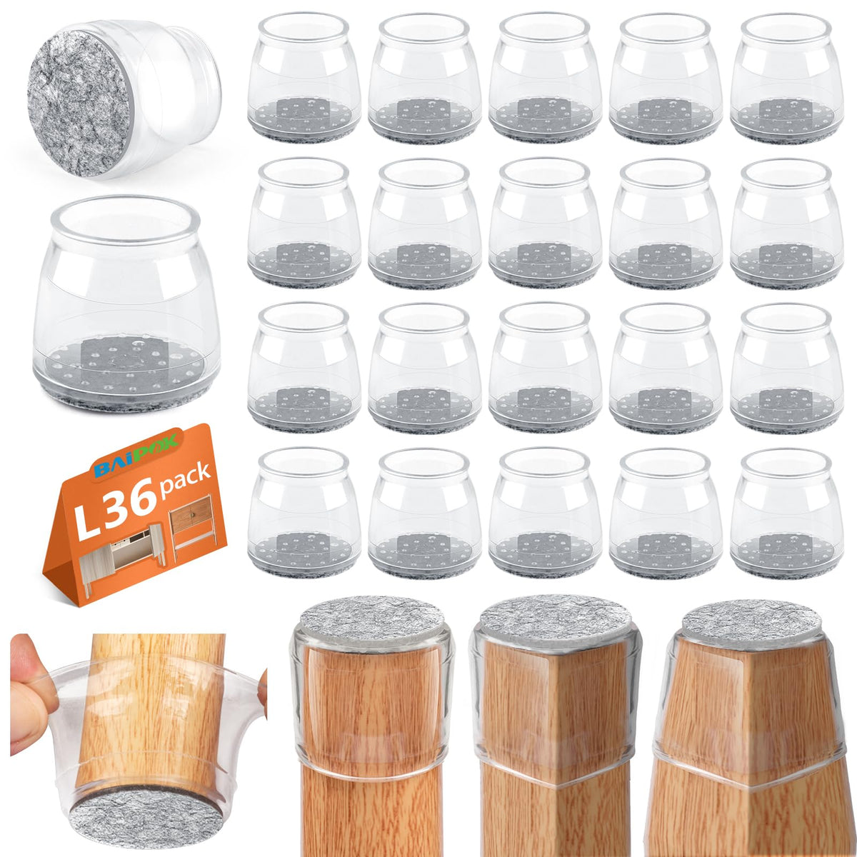 BAIPOK 36-piece transparent silicone chair leg protectors with felt for hardwood floors