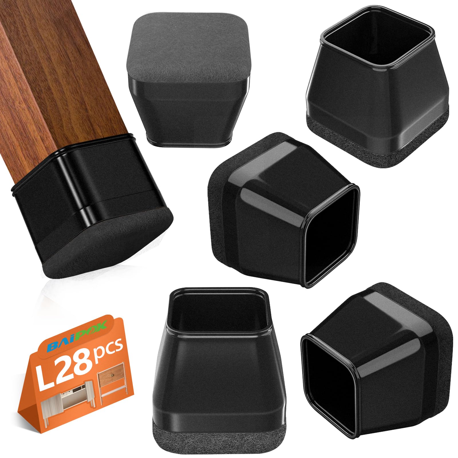 BAIPOK square chair leg protector with wrapped felt bottom for floor protection