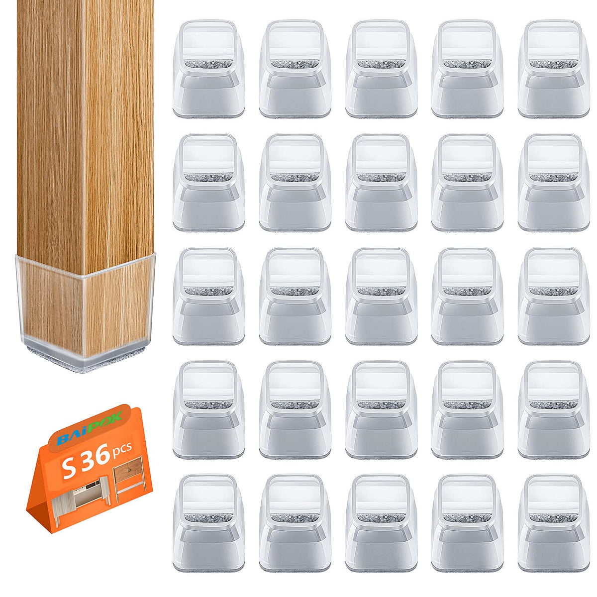 BAIPOK square chair leg protectors in clear silicone protect hardwood floors from scratches.