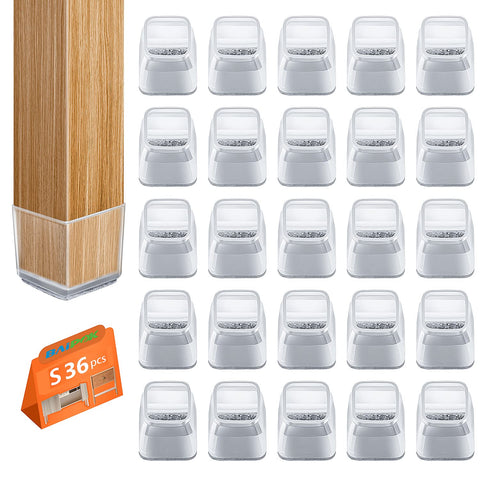 BAIPOK square chair leg protectors in clear silicone protect hardwood floors from scratches.