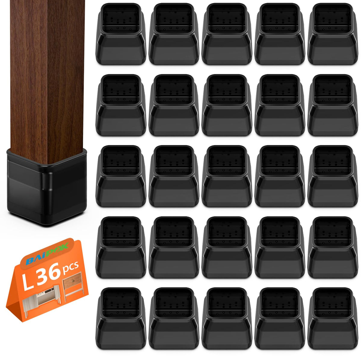 BAIPOK square chair leg protectors installed on leg protect hardwood floors from scratches.