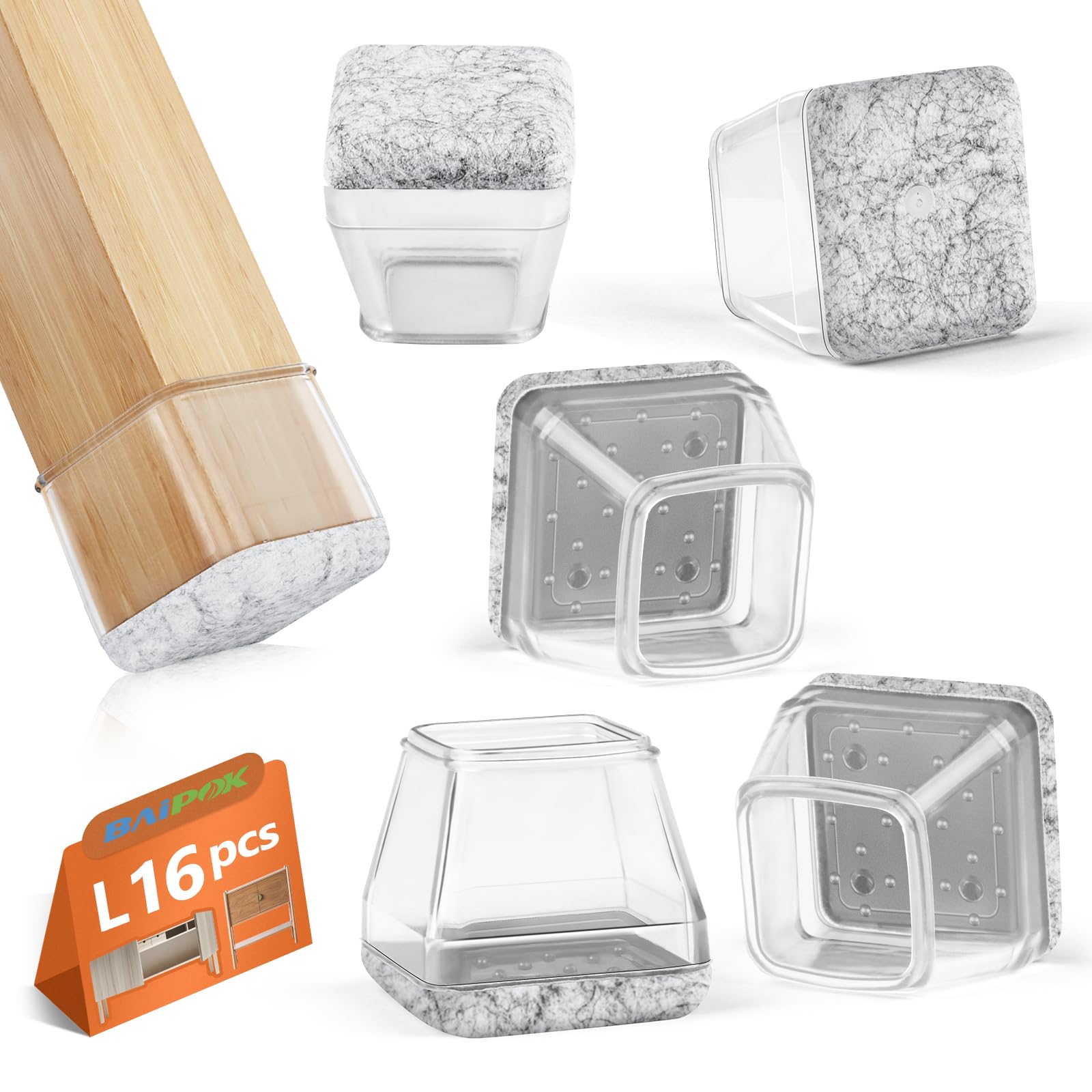 BAIPOK square chair leg protectors with thickened felt pads prevent scratches.
