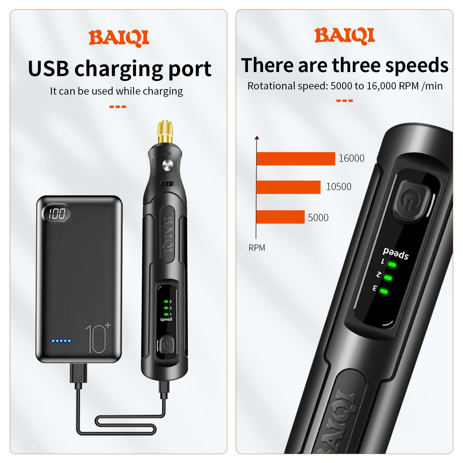 BAIQI mini electric rotary tool showing USB-C charging port for quick recharges