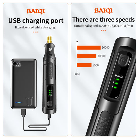 BAIQI mini electric rotary tool showing USB-C charging port for quick recharges