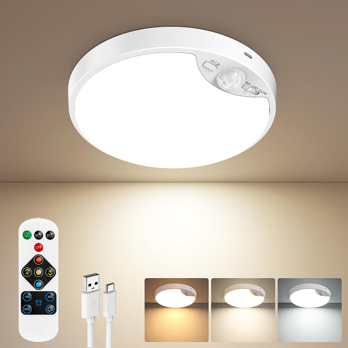 Bairth 10000mAh battery ceiling light provides long-lasting illumination for closets.