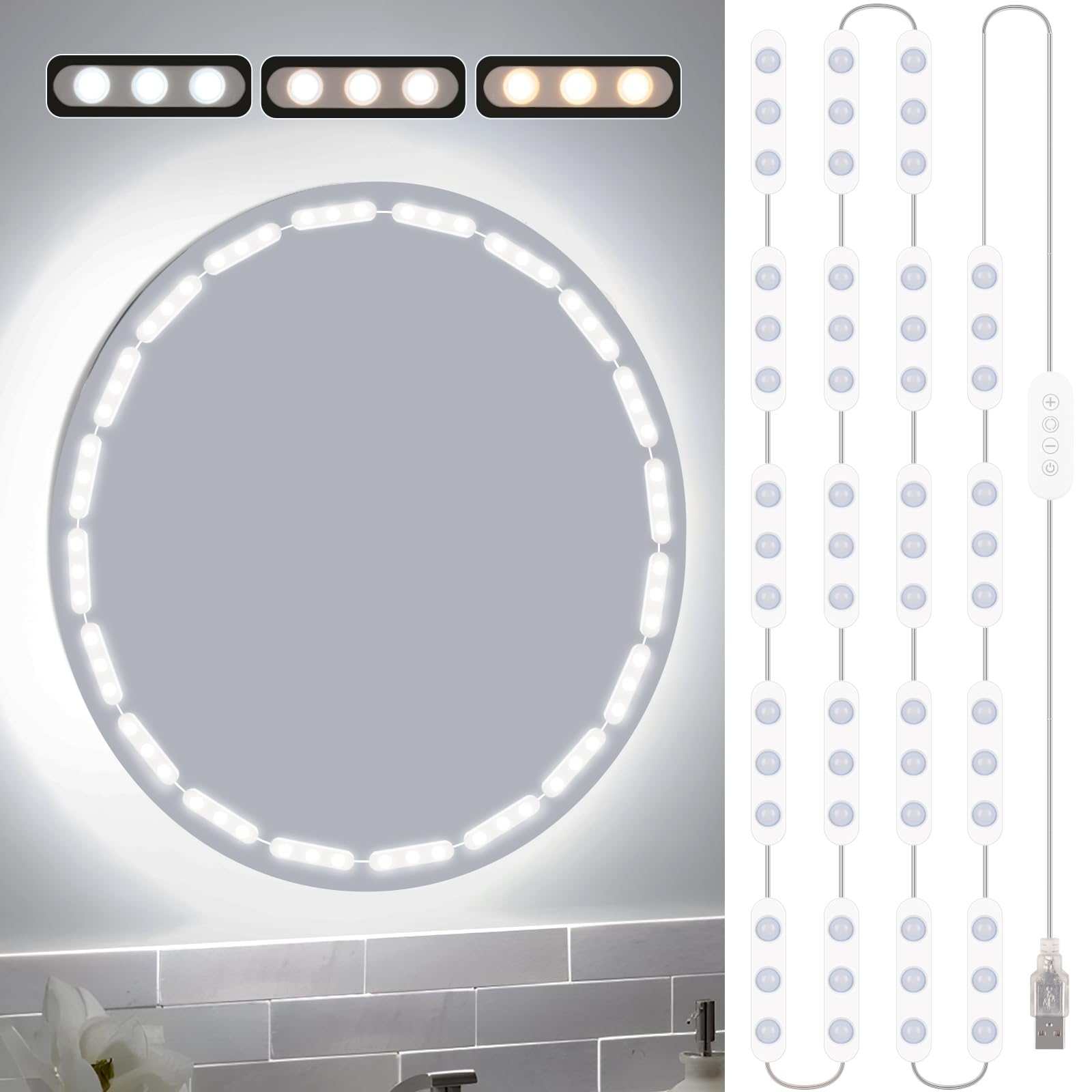 Bairth LED vanity lights around mirror illuminate makeup with steady, even brightness.