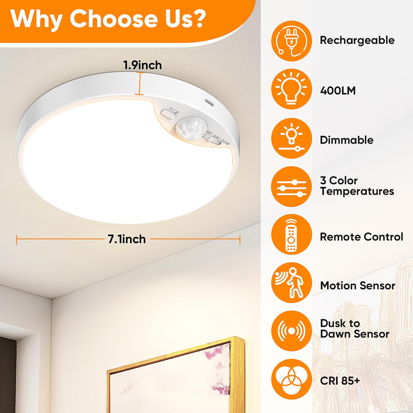 Bairth motion-sensor ceiling light activated by remote control for convenience.