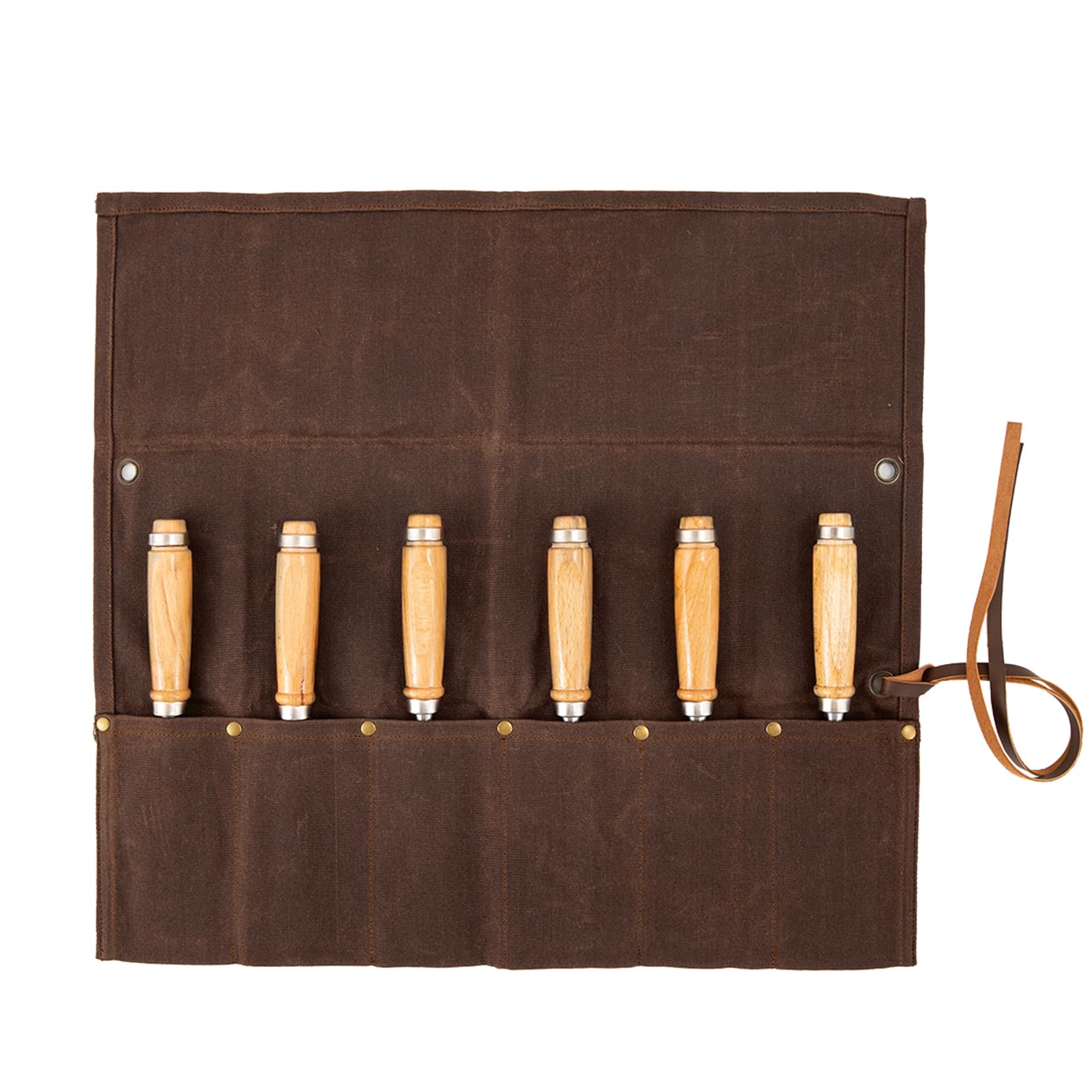 Baizoy Chisel Roll with six pockets in brown waxed canvas, organized and portable.