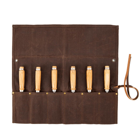 Baizoy Chisel Roll with six pockets in brown waxed canvas, organized and portable.