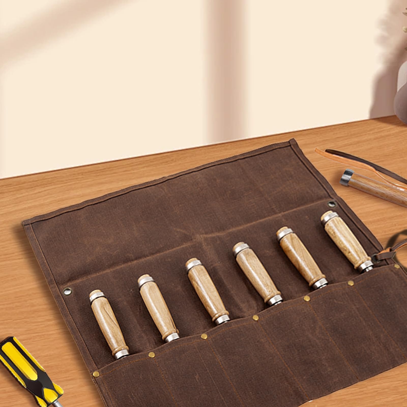 Baizoy chisels and wrenches neatly stored in the six-pocket organizer.