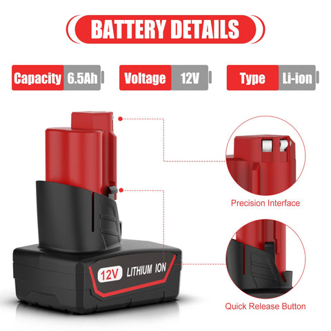 Bakipante 12V 2Ah battery with compact form factor for Milwaukee M12 tools.