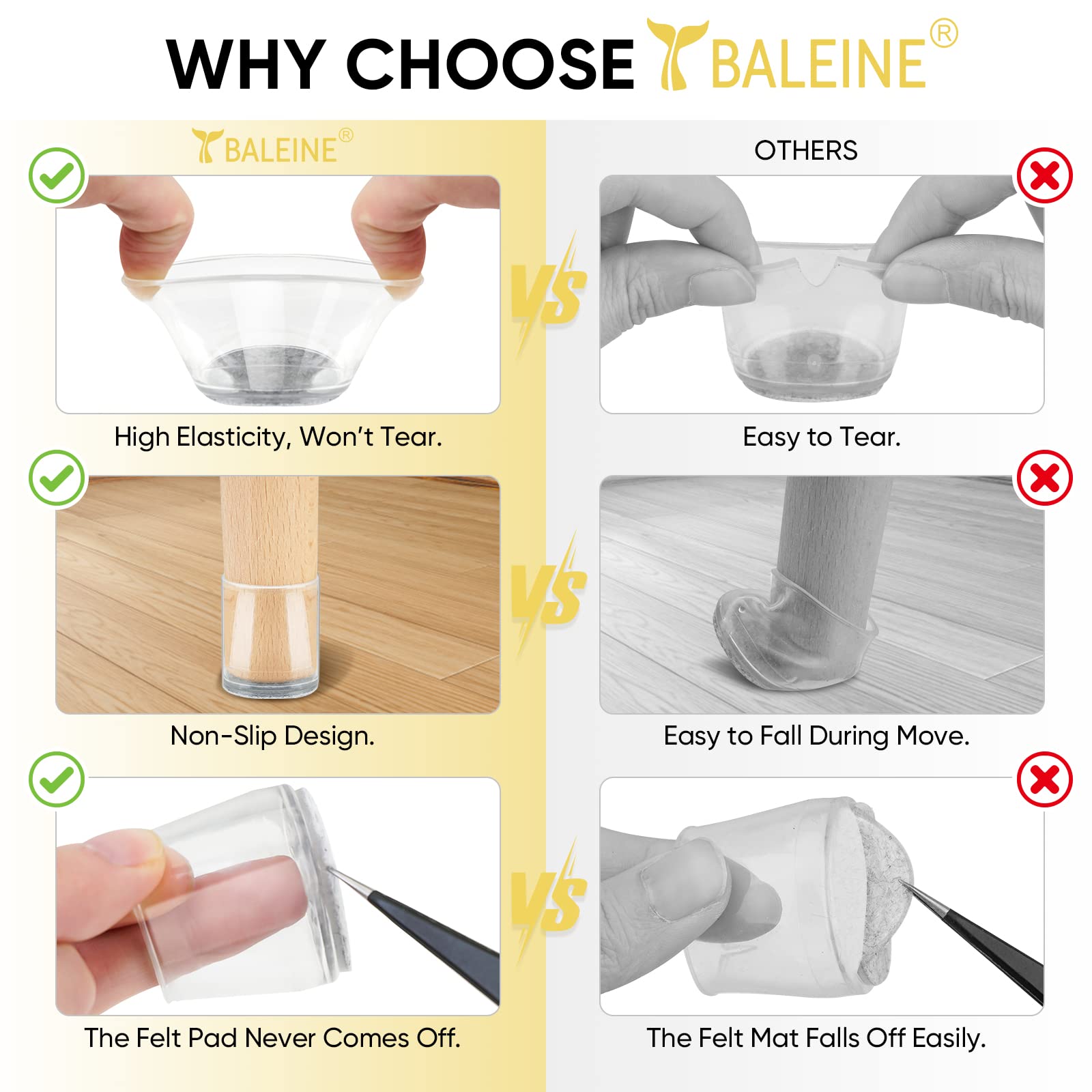 Protects wooden floors from scratches as chairs glide smoothly with BALEINE protectors.
