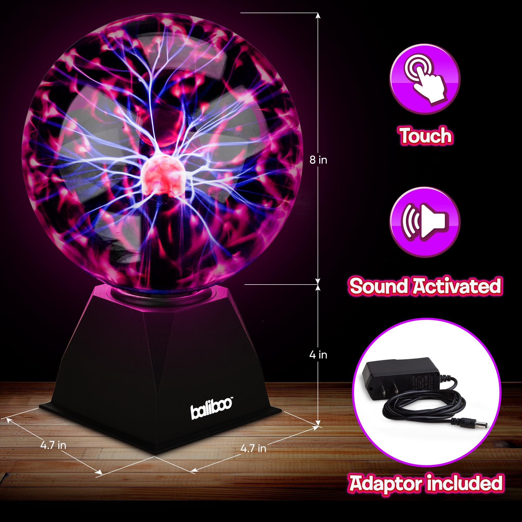 BALIBOO plasma globe showing touch-activation with glowing lightning lines